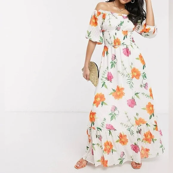 fitted lace wedding dress Anaya With Love Beige Floral Bardot Maxi Dress – Love My Apparel